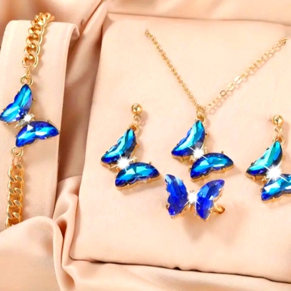 BLUE TOPAZ BUTTERFLY SET 4 PC NECKLACE, BRACELET, RING, EARRINGS - Picture 2 of 2